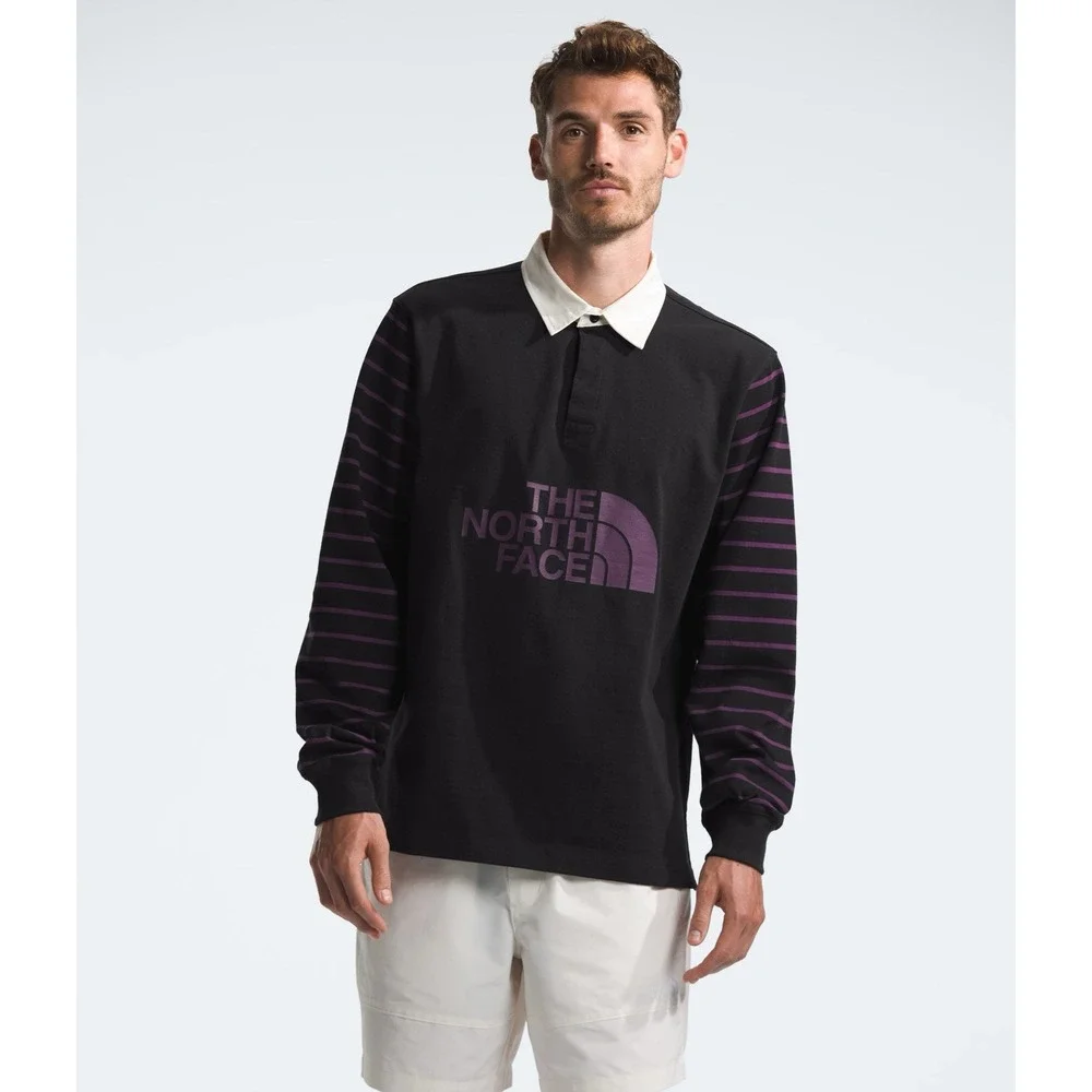 *NWT Men's MEDIUM The North Face Easy Rugby Long Sleeve Polo Black Purple Stripe